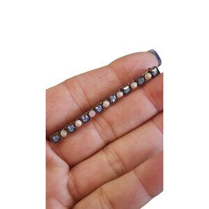 Antique Silver-Tone Bar Pin With Blue Rhinestones & Faux Pearls (A2590)